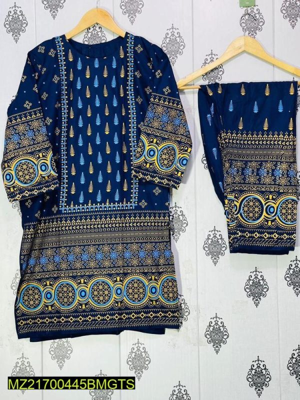 2 Pcs Women's Stitched Linen Printed Suit - Image 2
