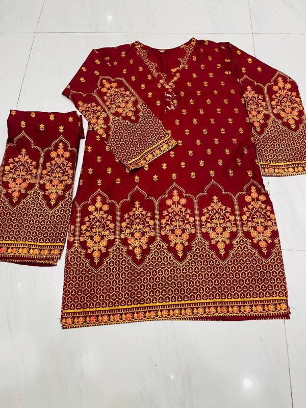 2 Pcs Women's Stitched Linen Printed Suit - Image 5
