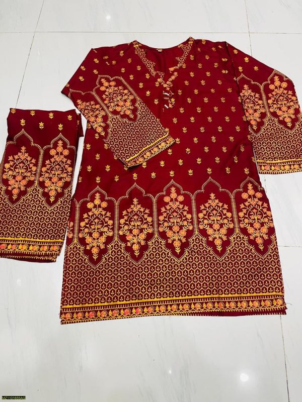 2 Pcs Women's Stitched Linen Printed Suit