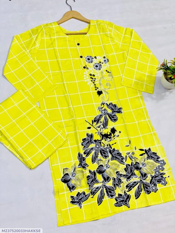 2 Pcs Women's Stitched Linen Block Printed Shirt And Trouser