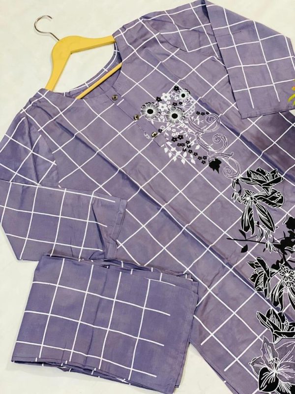 2 Pcs Women's Stitched Lawn Embroidered Shirt And Trouser - Image 3